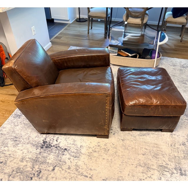 Italian Restoration Hardware Library Chair With Ottoman For Sale - Image 3 of 12