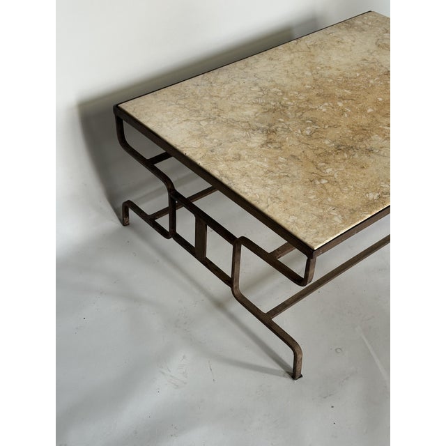 French Artisan Coffee Table in Wrought Iron and Travertine Top, 1920s For Sale - Image 6 of 10