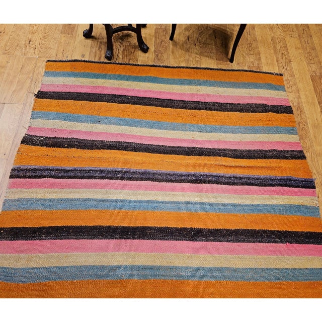 Vintage Turkish Sofreh Kilim, Flat-Woven Wool, Stripe Pattern, Yellow & Green, 5x5 For Sale In Chicago - Image 6 of 11
