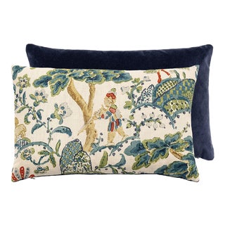 The House of Scalamandré Kelmescott / Aurora Lumbar Pillow, Peacock on Sand/navy, 22 X 14 For Sale