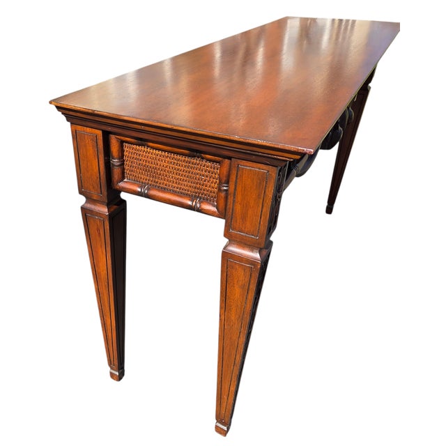 1990s Ethan Allen Mahogany Carved French Regency Sofa Hall Table Console Woven Cane For Sale - Image 12 of 18