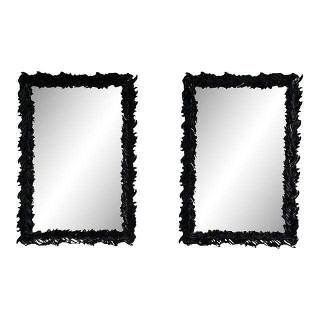 Serge Roche Style, Modern, Rectangular Leaf Wall Mirrors, Black Lacquer For Sale