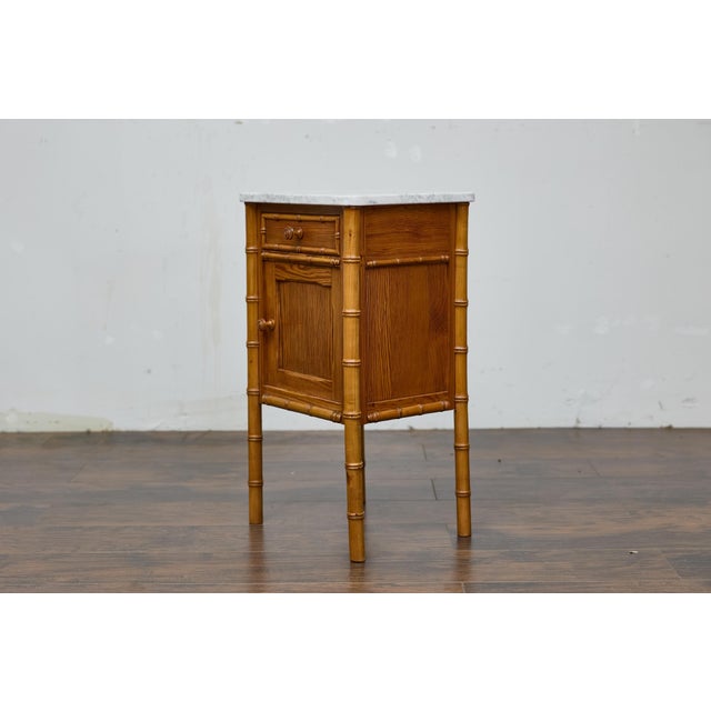 Brown 19th Century English Pine Bedside Cabinet with Marble Top and Faux Bamboo Frame For Sale - Image 8 of 12