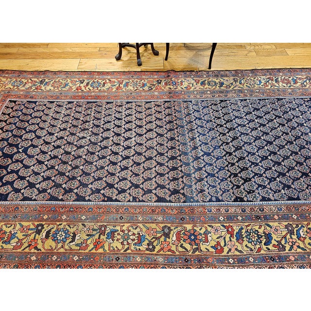 Antique Persian Malayer Gallery Rug, Hand-Knotted Wool, Paisley Pattern, 6x11, Navy & Saffron Yellow For Sale - Image 9 of 18