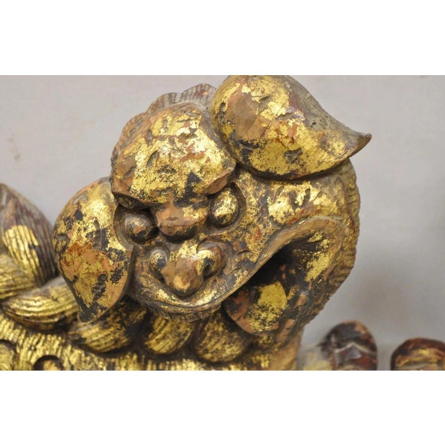 Vintage Chinoiserie Carved Wood Gold Gilt 12" Chinese Foo Dog Figures - A Pair For Sale - Image 11 of 11