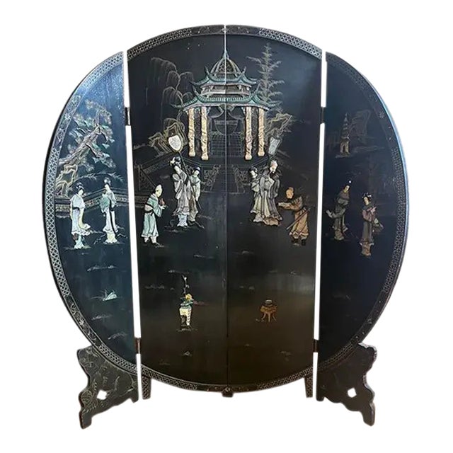 1950s Coromandel Black Laquer Chinoiserie Screen Room Divider For Sale