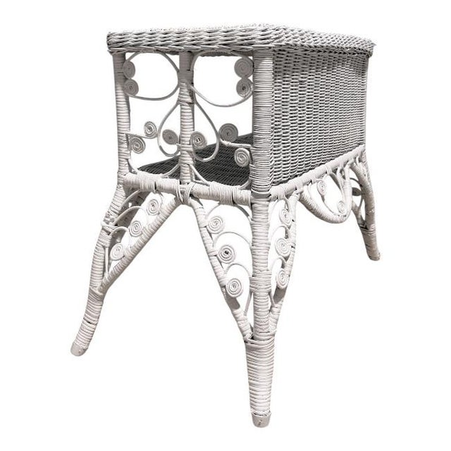 White Vintage Palm Beach Regency White Wicker Side Table / Magazine Rack For Sale - Image 8 of 8