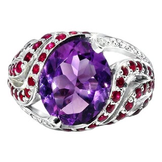 Late 19th Century 14K White Gold Amethyst Ruby Pave Diamond Ring Band, Size 8.5 For Sale