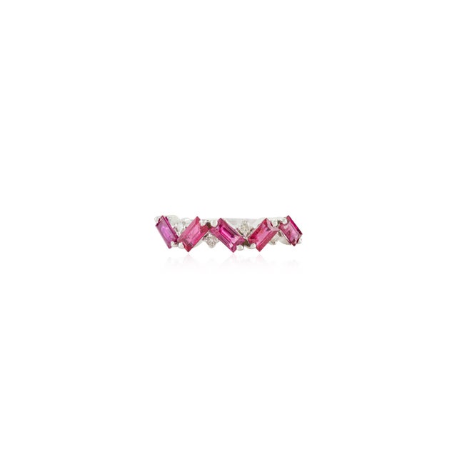 English Mozambique Baguette Ruby and Diamond Stackable Half Band Ring Size 4 in 14k Gold For Sale - Image 3 of 14