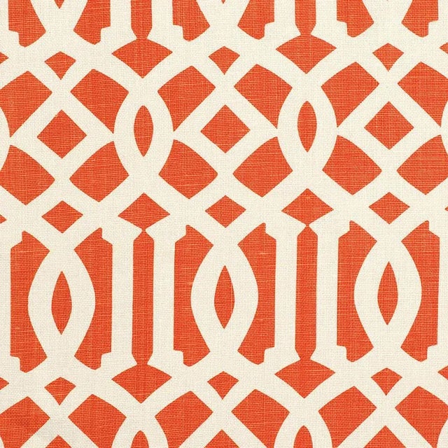 Schumacher Imperial Trellis Ii Fabric in Ivory / Mandarin For Sale