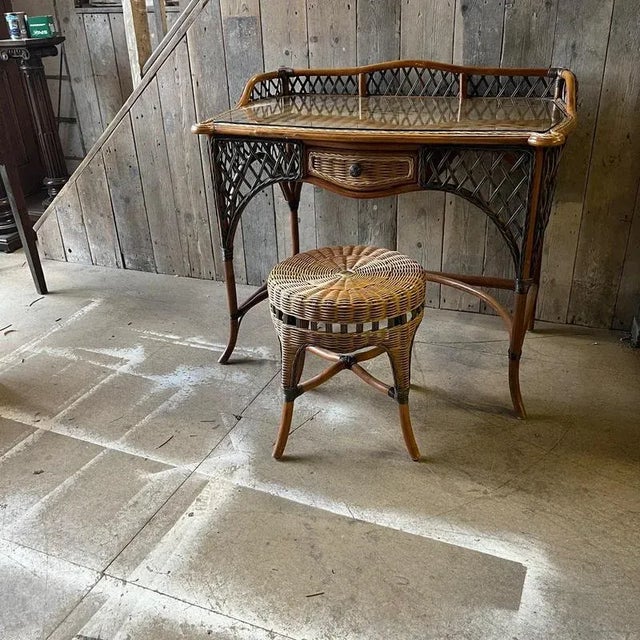 Vintage Wicker Dressing Table with Glass Top and Stool, Set of 2 For Sale - Image 6 of 9