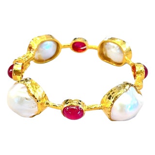 Bochic "Capri" Baroque South Sea Pearl & Ruby set 22k Gold & Silver Bangle For Sale