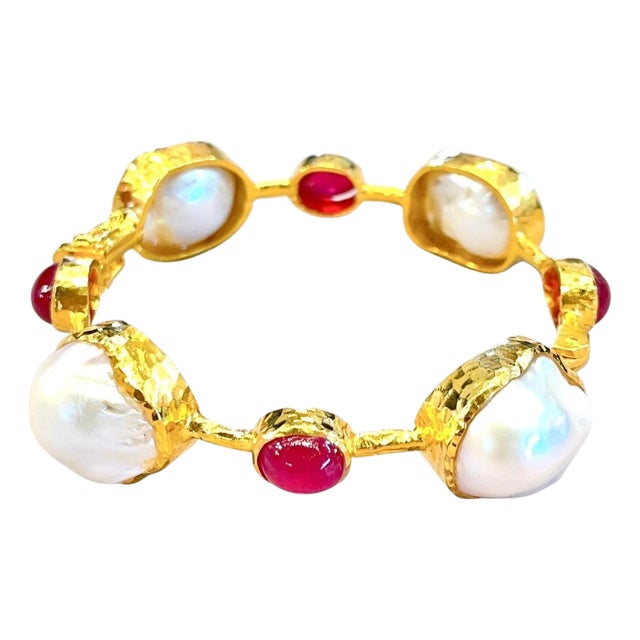 Bochic "Capri" Baroque South Sea Pearl & Ruby set 22k Gold & Silver Bangle For Sale