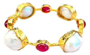 Bochic "Capri" Baroque South Sea Pearl & Ruby set 22k Gold & Silver Bangle