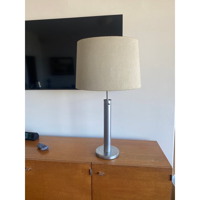 Large vintage 1960's brushed steel table lamp with shade in the manner of the Walter Von Nessen iconic streamline deco...