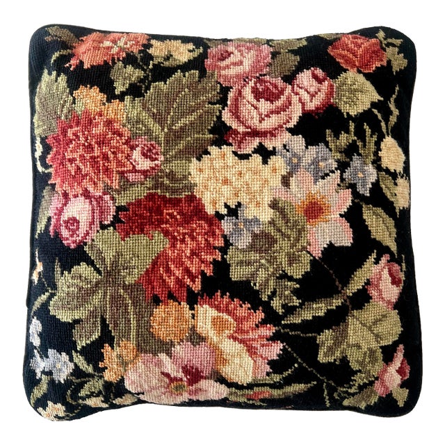 Vintage Black Floral Needlepoint Pillow For Sale