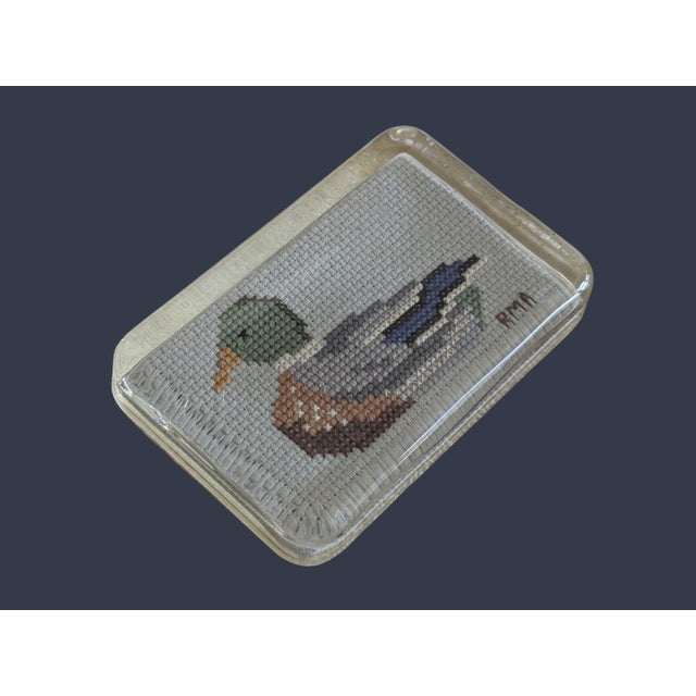 Glass Vintage Handcrafted Mallard Duck Cross Stitch Glass Paperweight For Sale - Image 7 of 14
