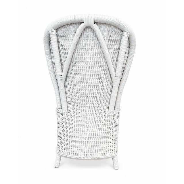 Wood Lacquered Rattan Fan Back Chairs Blue Cushions For Sale - Image 7 of 7