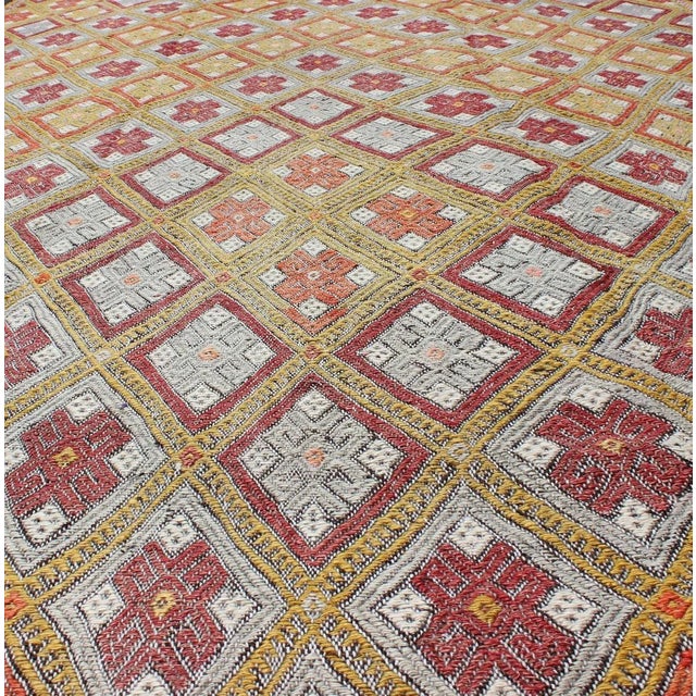 Textile Colorful Vintage Turkish Flat-Weave Embroidered Rug With Geometric Diamond Design For Sale - Image 7 of 13
