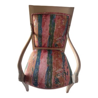Vintage French Louis XVI Style Pink Blue Carved Bergere Boudoir Lounge Arm Chair For Sale