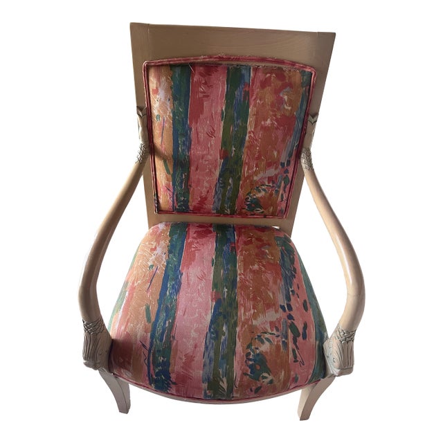 Vintage French Louis XVI Style Pink Blue Carved Bergere Boudoir Lounge Arm Chair For Sale