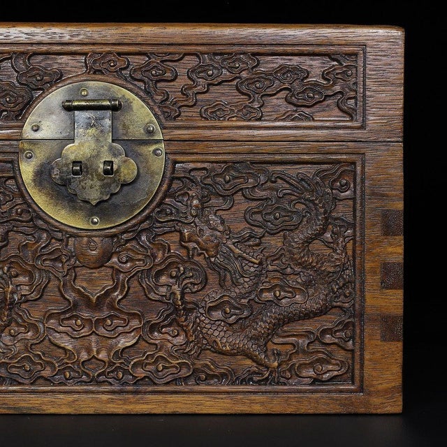 Late 20th Century Chinese Rosewood Carved Dragon Treasure Box With Brass Hardware For Sale - Image 5 of 10