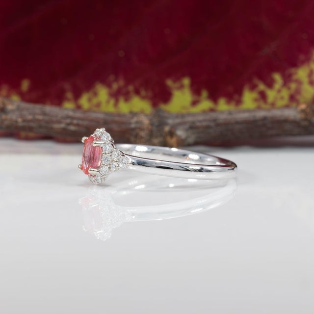 Metal Aaa Padparadscha Sapphire Ring With Natural Diamonds Halo: Solid 14k Gold, 5x3mm, Size 6.75 For Sale - Image 7 of 9