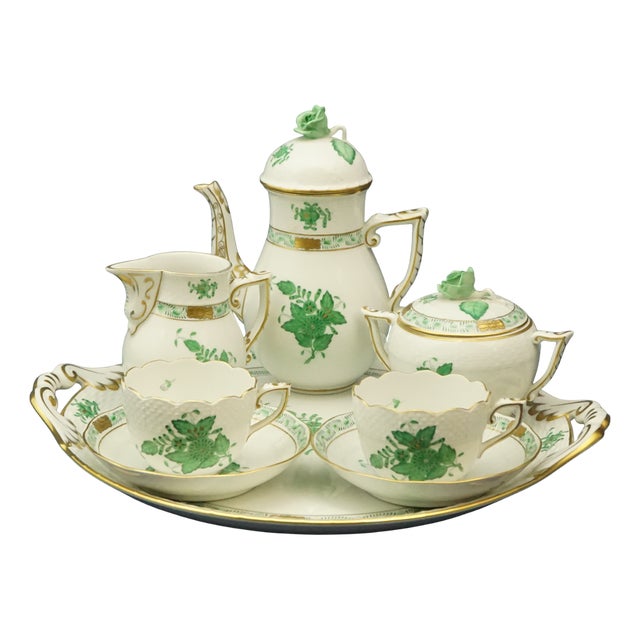 Tete À Tete Coffee Service with Tray in Porcelain with Apponyi Decoration from Herend, Hungary, 1930s, Set of 8 For Sale