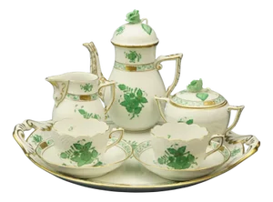 Tete À Tete Coffee Service with Tray in Porcelain with Apponyi Decoration from Herend, Hungary, 1930s, Set of 8