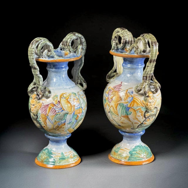 Vintage Italian Hand-Painted Majolica Mythological Vases, 1800s, Set of 2 For Sale - Image 4 of 18