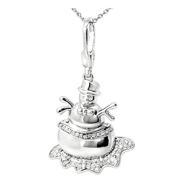 Late 20th Century Sterling Silver 925 Diamond Snowman Charm Pendant Estate Whimsical Design For Sale
