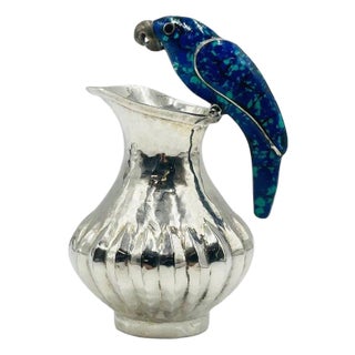 Silver Parrot Pitcher With Lapis and Turquoise Inlay, Los Fajardo, Mexico 1960s For Sale