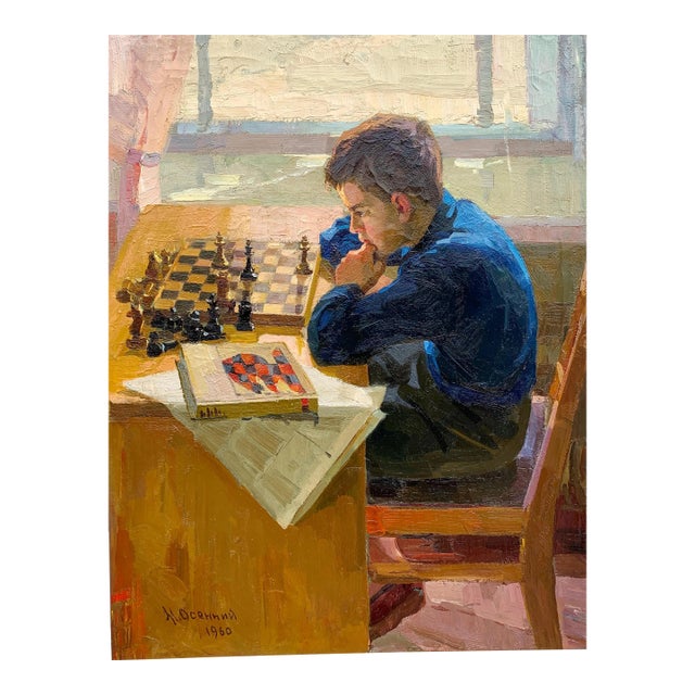 Soviet Sport Antique Oil Painting Original Socialist Realism Soviet Art Ukrainian Artist Osenniy m.s. 100-78 1960 For Sale