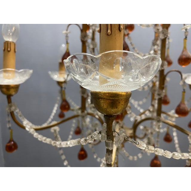 Italian Florentine Giltwood and Amber Murano Glass Drop 6-Light Chandelier, 1950s For Sale - Image 6 of 15