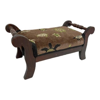 Early 20th Century Wood Footstool With New Designer Upholstery For Sale