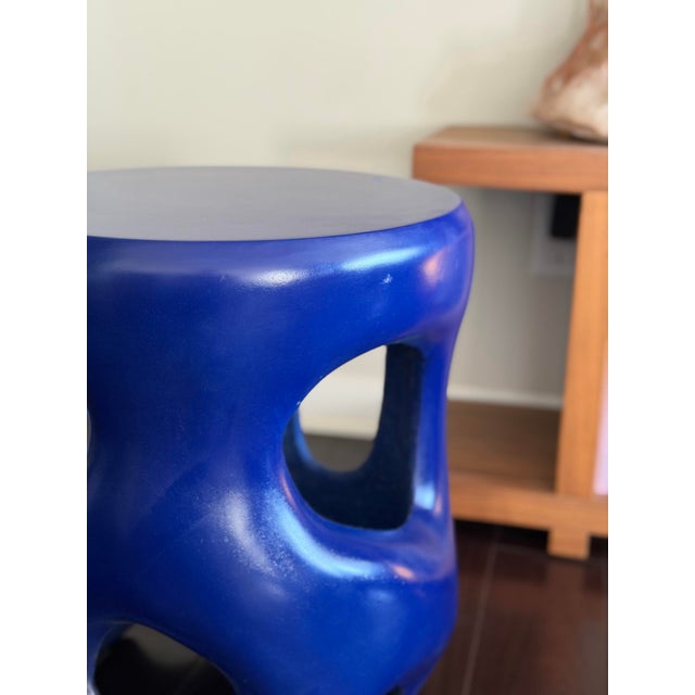 Ceramic Made Goods Hyde Stool in Glossy Cobalt Blue Reinforced Concrete Sculptural Modern Organic Side Table For Sale - Image 7 of 12