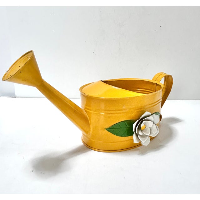 Vintage Yellow Toleware Watering Can With Floral Detail – Cottage Garden Planter Decor - Teleflora For Sale In Louisville - Image 6 of 12