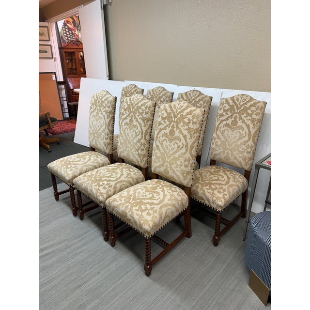 French French Louis XIII Style High Back Damask Dining Chairs, Set of Seven For Sale - Image 3 of 12