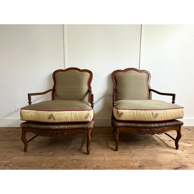 This exquisite 3-piece French Provincial salon set features a pair of classic Bergère armchairs alongside their matching...