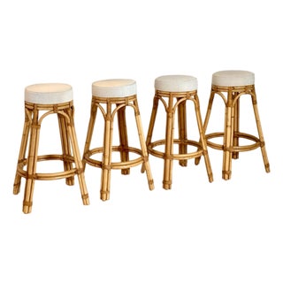 1970s Calif-Asia Natural Honey Rattan Round Barstools - Set of 4 For Sale