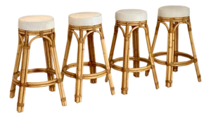 1970s Calif-Asia Natural Honey Rattan Round Barstools - Set of 4