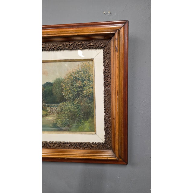 Vintage Impressionist Style Landscape Oil Painting in Carved Wood Frame - Signed unclear For Sale - Image 4 of 12