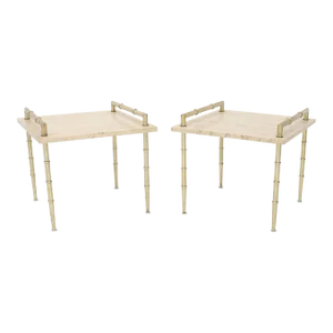 Pair of Solid Brass Faux Bamboo Tapered Legs Gallery Travertine Top Side Tables