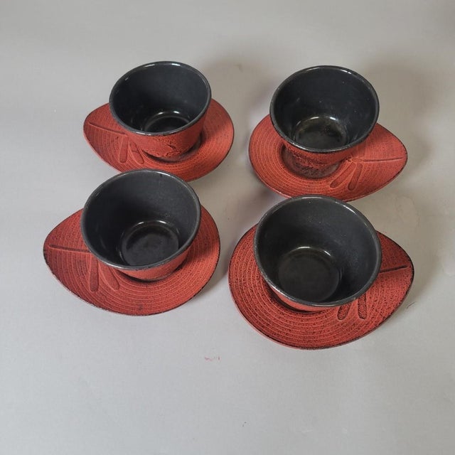 Vintage Japanese Red Cast Iron Dragon & Dragonfly Tea Cups With Enameled Interiors & Saucers – Set of 8 For Sale In Raleigh - Image 6 of 7