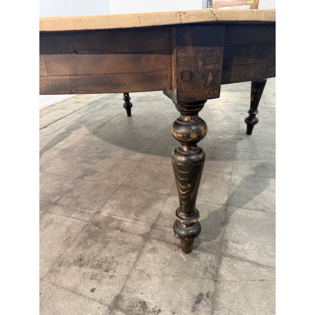 Large Rustic Round Pine Dining Table With Ebonized Turned Legs For Sale In Los Angeles - Image 6 of 7