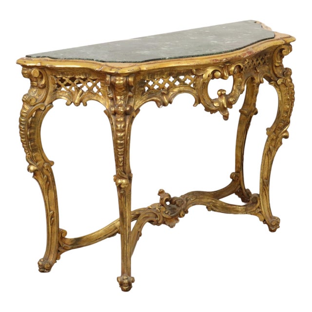 Stone French Louis XV Style Console Table in Gold Leaf Gilded Wood and Marble, 1890s For Sale - Image 7 of 18