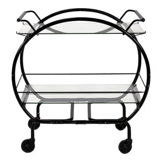 Vintage 1930s Art Deco Black Metal & Glass Rolling 2-Tier Oval Bar Cart For Sale