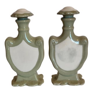 Pair of Ceramic Perfume Bottles, Pastel Green and White For Sale