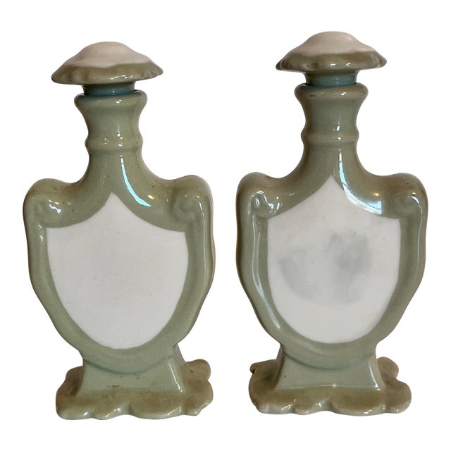 Pair of Ceramic Perfume Bottles, Pastel Green and White For Sale
