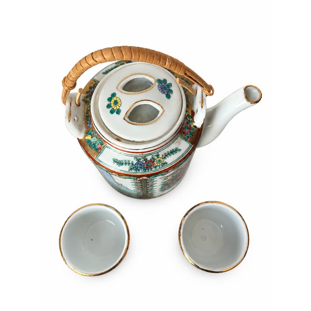 Mid 20th Century Chinese Rose Medallion Porcelain Teapot With Wrapped Cane Handle & Two Cups — 3-Piece Set For Sale - Image 9 of 11